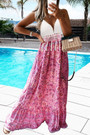 Summer New 3 Colors Crochet Floral Printing Patchwork Mirco-Elastic Halter-Neck Tessel Decor Lace Up Swing Stylish Holiday Spaghettti String Maxi Dress