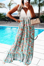 Summer New 3 Colors Crochet Floral Printing Patchwork Mirco-Elastic Halter-Neck Tessel Decor Lace Up Swing Stylish Holiday Spaghettti String Maxi Dress