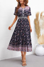 Summer New 3 Colors Flower Batch Printing Single-Breasted Inelastic Short Sleeves Casual Midi Dress