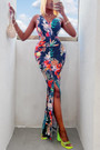 Summer New 3 Colors Flower Batch Printing Sling V-Neck Slim Micro-Elastic Slit Sexy Maxi Dress