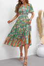 Summer New 3 Colors Flower Printing Inelastic Short Sleeves Single-Breasted Casual Midi Dress