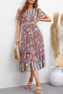 Summer New 3 Colors Flower Printing Inelastic Short Sleeves Single-Breasted Casual Midi Dress