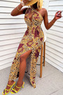 Summer New 3 Colors One Shoulder Cutout Floral Batch Printing Slit Casual Micro-Elastic Maxi Dress