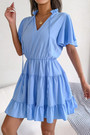 Summer New 3 Colors Solid Color Micro Elastic Ruffle Short Sleeves Lace-Up V-Neck Casual Mini Dress