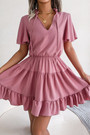 Summer New 3 Colors Solid Color Micro Elastic Ruffle Short Sleeves Lace-Up V-Neck Casual Mini Dress