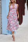Summer New 4 Colors Chiffon Floral Batch Printing Micro-Elastic Deep-V-Neck Smocked Ruffle Backless Swing Stylish Bohemian Midi Dress