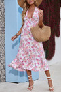 Summer New 4 Colors Chiffon Floral Batch Printing Micro-Elastic Deep-V-Neck Smocked Ruffle Backless Swing Stylish Bohemian Midi Dress