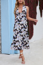 Summer New 4 Colors Chiffon Floral Batch Printing Micro-Elastic Deep-V-Neck Smocked Ruffle Backless Swing Stylish Bohemian Midi Dress