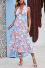 Summer New 4 Colors Chiffon Floral Batch Printing Micro-Elastic Deep-V-Neck Smocked Ruffle Backless Swing Stylish Bohemian Midi Dress