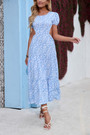 Summer New 4 Colors Chiffon Floral Batch Printing Micro-Elastic Hollow Ruffle Backless Lace Up Botton Swing Stylish Bohemian Holiday Midi Dress Floral Dresses