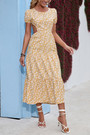 Summer New 4 Colors Chiffon Floral Batch Printing Micro-Elastic Hollow Ruffle Backless Lace Up Botton Swing Stylish Bohemian Holiday Midi Dress Floral Dresses