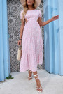 Summer New 4 Colors Chiffon Floral Batch Printing Micro-Elastic Hollow Ruffle Backless Lace Up Botton Swing Stylish Bohemian Holiday Midi Dress Floral Dresses