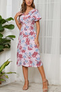 Summer New 4 Colors Chiffon Floral Batch Printing Micro-Elastic V Neck Nipped Waist Smocked Swing Stylish Holiday Midi Dress