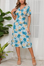 Summer New 4 Colors Chiffon Floral Batch Printing Micro-Elastic V Neck Nipped Waist Smocked Swing Stylish Holiday Midi Dress