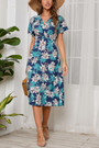 Summer New 4 Colors Chiffon Floral Batch Printing Micro-Elastic V Neck Nipped Waist Smocked Swing Stylish Holiday Midi Dress