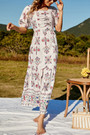 Summer New 4 Colors Floral Batch Printing Stretch Smoked Nipped Waist Stylish Retro Holiday Midi Dress