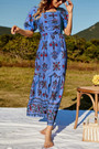 Summer New 4 Colors Floral Batch Printing Stretch Smoked Nipped Waist Stylish Retro Holiday Midi Dress