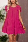 Summer New 4 Colors Solid Color Inelastic Crew Neck Ruffle Shirring Pockets Stylish Classic Mini Dress
