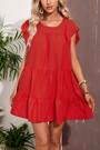 Summer New 4 Colors Solid Color Inelastic Crew Neck Ruffle Shirring Pockets Stylish Classic Mini Dress