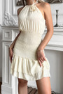 Summer New 4 Colors Solid Color Micro-Elastic Halter-Neck Smocked Ruffle Lace Up Stylish Classic Mini Dress