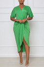 Summer New 4 Colors Solid Color Stretch V-Neck Shirring Split Casual Midi Dress Casual Dresses