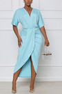Summer New 4 Colors Solid Color Stretch V-Neck Shirring Split Casual Midi Dress Casual Dresses