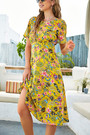 Summer New Chiffon Floral Batch Printing Micro-Elastic Crew Neck Hollow Lace Up Botton Shirring Swing Stylish Retro Midi Dress