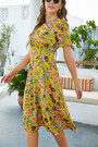 Summer New Chiffon Floral Batch Printing Micro-Elastic Crew Neck Hollow Lace Up Botton Shirring Swing Stylish Retro Midi Dress