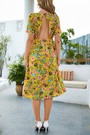 Summer New Chiffon Floral Batch Printing Micro-Elastic Crew Neck Hollow Lace Up Botton Shirring Swing Stylish Retro Midi Dress