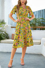 Summer New Chiffon Floral Batch Printing Micro-Elastic Crew Neck Hollow Lace Up Botton Shirring Swing Stylish Retro Midi Dress