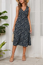 Summer New Chiffon Floral Batch Printing Micro-Elastic V-Neck Strappy Ruffle Swing Stylish Holiday Midi Dress