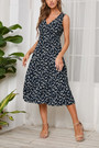 Summer New Chiffon Floral Batch Printing Micro-Elastic V-Neck Strappy Ruffle Swing Stylish Holiday Midi Dress