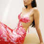 Summer New Fashion Flower Batch Printing Cutout Halter-Neck Lace-Up Backless Stretch Resort Maxi Dress