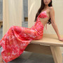 Summer New Fashion Flower Batch Printing Cutout Halter-Neck Lace-Up Backless Stretch Resort Maxi Dress