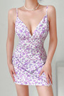 Summer New Floral Batch Printing Ajustable Sling V-Neck Zip-Up Micro-Elastic Mini Dress