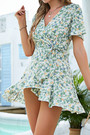 Summer New Floral Batch Printing Chiffon Inelastic V-Neck Tie-Waist Ruffle Irregular Slim Stylish Holiday Mini Dress