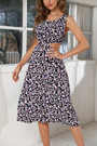 Summer New Floral Batch Printing Chiffon Micro-Elastic Hollow Strappy Swing Stylish Holiday Midi Dress