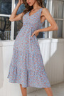 Summer New Floral Batch Printing Chiffon Micro-Elastic V-Neck Ruffle Shirring Swing Stylish Holiday Midi Dress