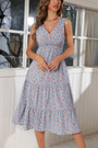 Summer New Floral Batch Printing Chiffon Micro-Elastic V-Neck Ruffle Shirring Swing Stylish Holiday Midi Dress