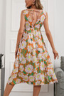 Summer New Floral Batch Printing Cotton Micro-Elastic Deep-V-Neck Hollow Lace Up Shirring Swing Stylish Holiday Midi Dress