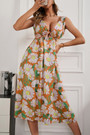 Summer New Floral Batch Printing Cotton Micro-Elastic Deep-V-Neck Hollow Lace Up Shirring Swing Stylish Holiday Midi Dress
