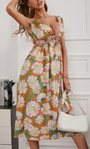 Summer New Floral Batch Printing Cotton Micro-Elastic Deep-V-Neck Hollow Lace Up Shirring Swing Stylish Holiday Midi Dress