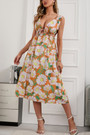 Summer New Floral Batch Printing Cotton Micro-Elastic Deep-V-Neck Hollow Lace Up Shirring Swing Stylish Holiday Midi Dress