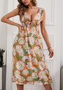 Summer New Floral Batch Printing Cotton Micro-Elastic Deep-V-Neck Hollow Lace Up Shirring Swing Stylish Holiday Midi Dress