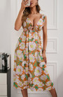 Summer New Floral Batch Printing Cotton Micro-Elastic Deep-V-Neck Hollow Lace Up Shirring Swing Stylish Holiday Midi Dress