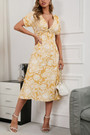 Summer New Floral Batch Printing Cotton Micro-Elastic Deep -V-Neck Short Sleeve Nipped Waist Smocked Swing Sexy Retro Midi Dress