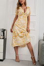 Summer New Floral Batch Printing Cotton Micro-Elastic Deep -V-Neck Short Sleeve Nipped Waist Smocked Swing Sexy Retro Midi Dress