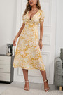 Summer New Floral Batch Printing Cotton Micro-Elastic Deep -V-Neck Short Sleeve Nipped Waist Smocked Swing Sexy Retro Midi Dress