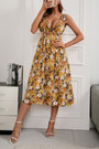 Summer New Floral Batch Printing Cotton Stretch Deep-V-Neck Strappy Hollow Lace Up Shirring Swing Stylish Sexy Midi Dress