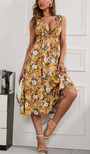 Summer New Floral Batch Printing Cotton Stretch Deep-V-Neck Strappy Hollow Lace Up Shirring Swing Stylish Sexy Midi Dress